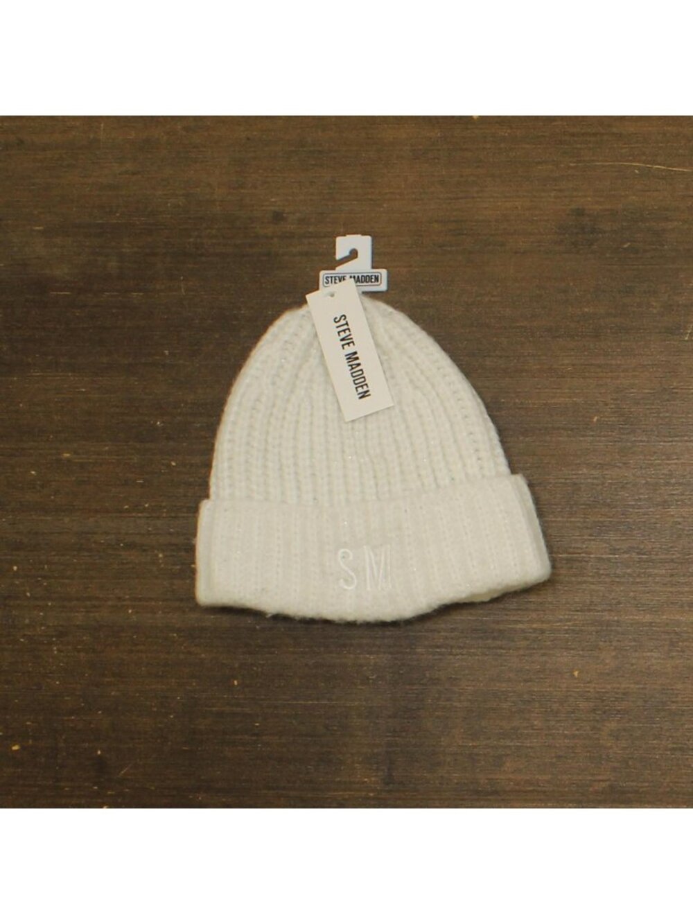 NWT Steve Madden Womens Marled Knit Beanie Wool Blend Logo Natural Off White